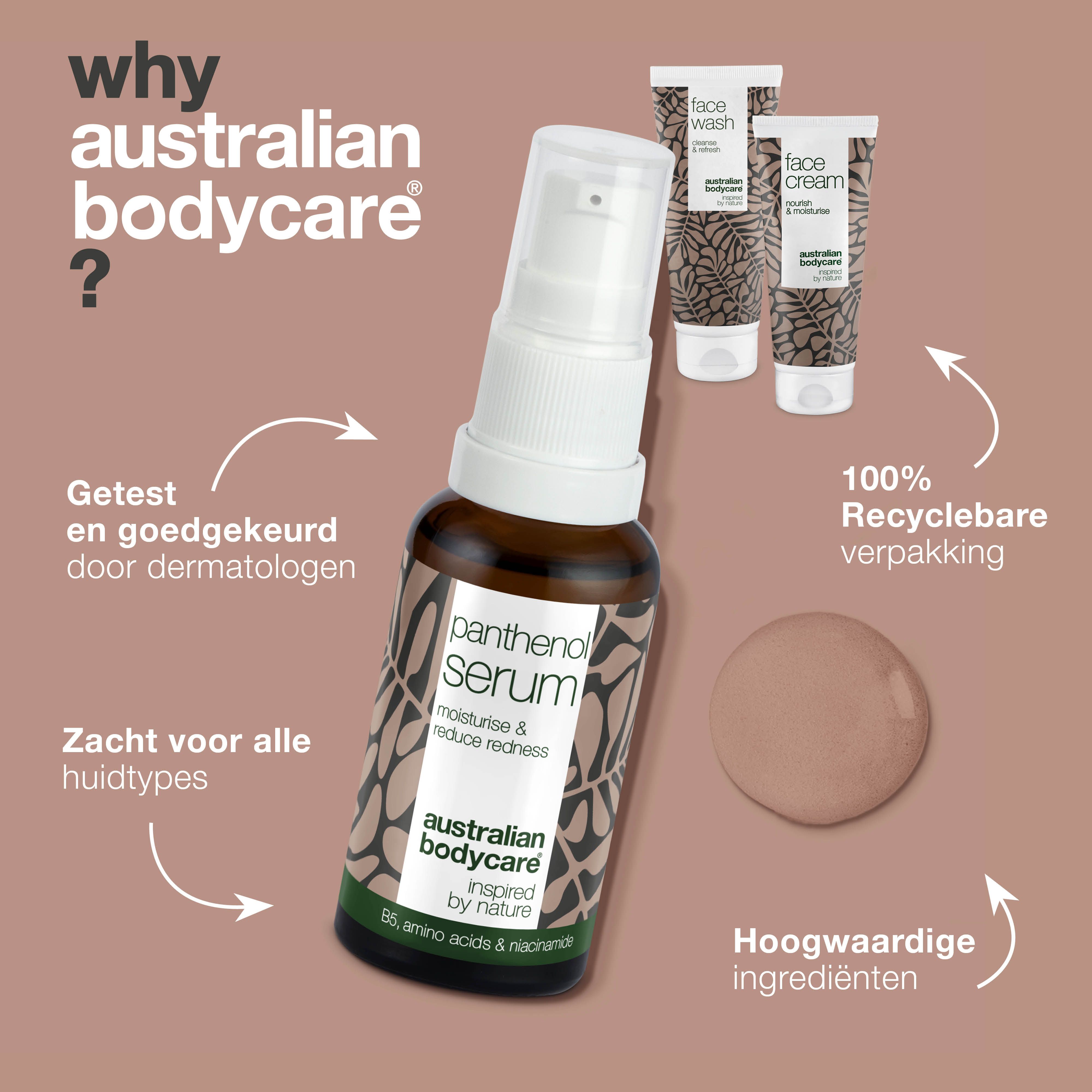 Drie producten: Face Wash, Face Cream en serum. Tekst: Ervaringsverhaal, beoordelingen. Merk: Australian Bodycare.