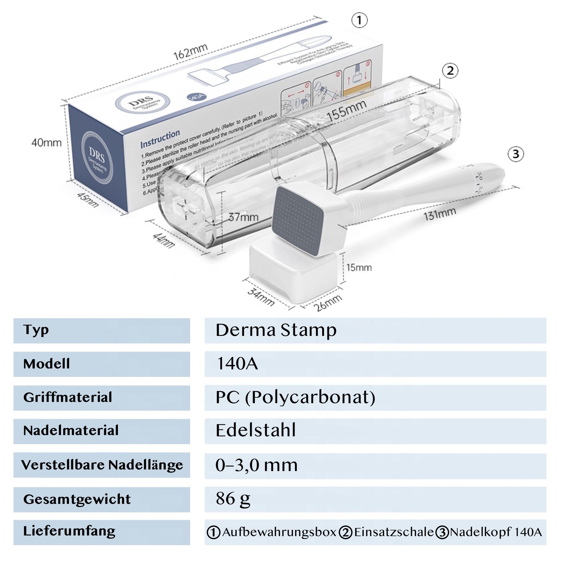 Technische tekening van de Derma Stamp met afmetingen en specificaties.