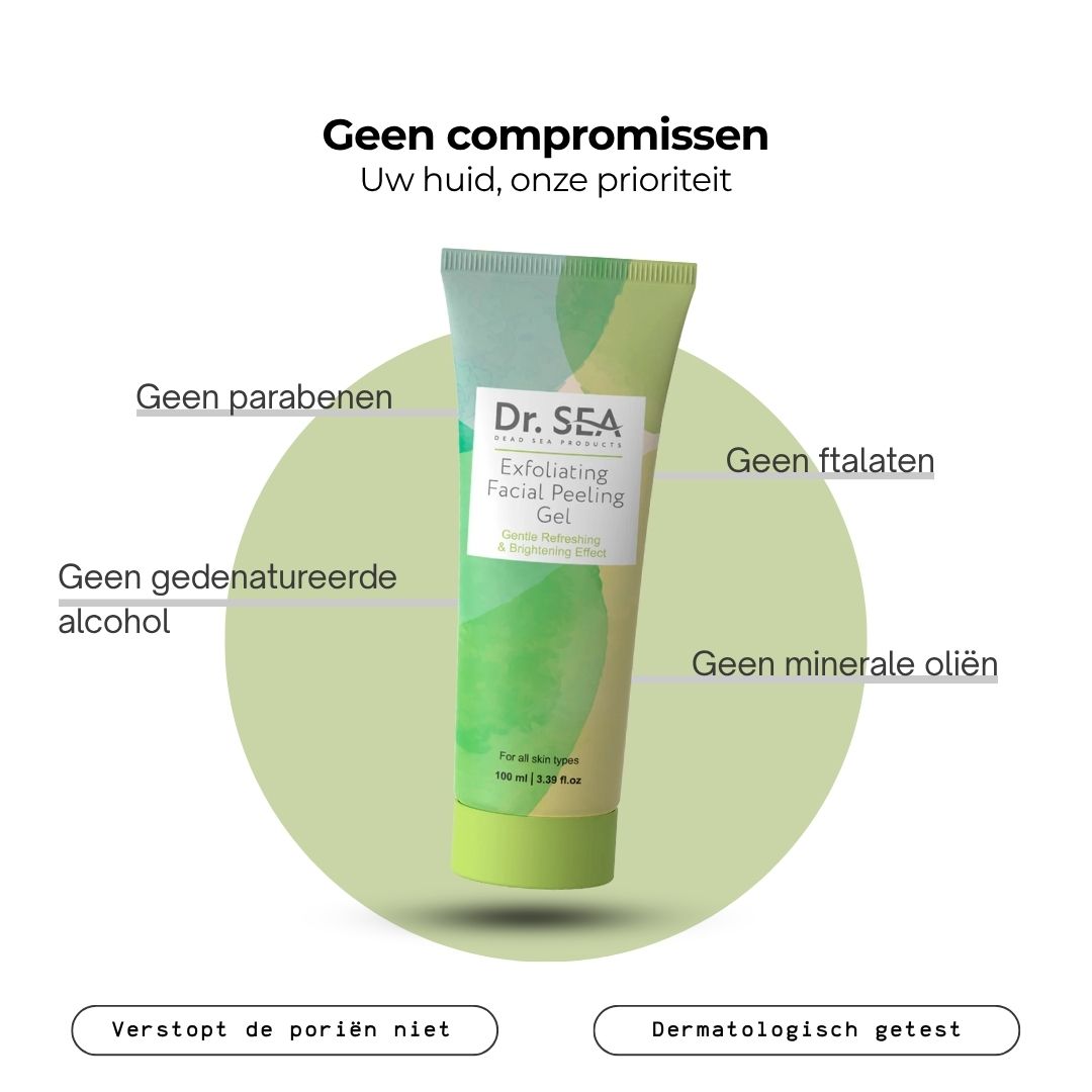 Gel tube met tekst. Opschrift: Dr. SEA, Exfoliërende gezichtspeeling. Zonder parabenen, etc.