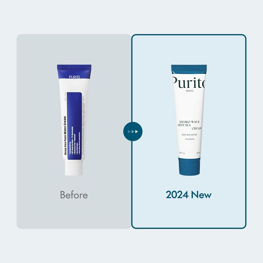 Comparaison avant-après. Gauche: tube Deep Sea Pure Water Cream. Droite: tube Hydro Wave Deep Sea Cream. Marque PURITO.