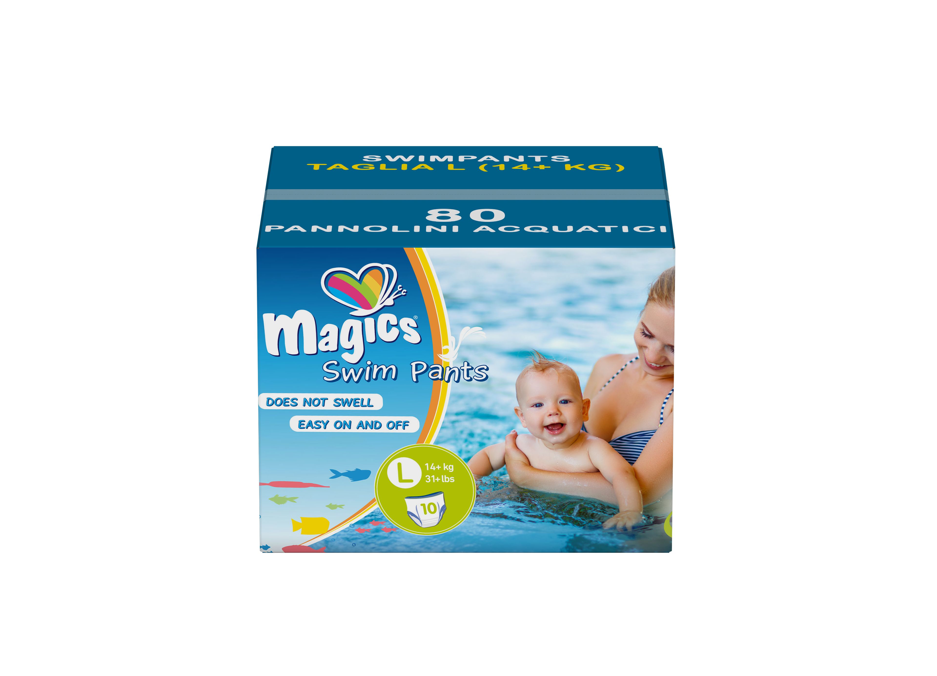 Paquet de couches de bain Magics. Taille L (14+ kg). 80 couches. Bébé et mère dans l'eau.