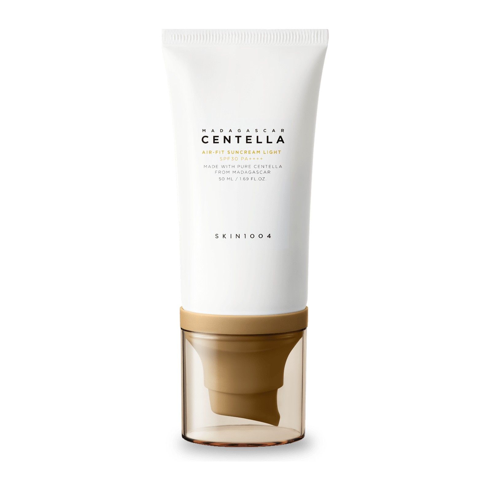 Tube blanc avec capuchon doré et applicateur, SKIN1004 Air-Fit Suncream Light SPF30.