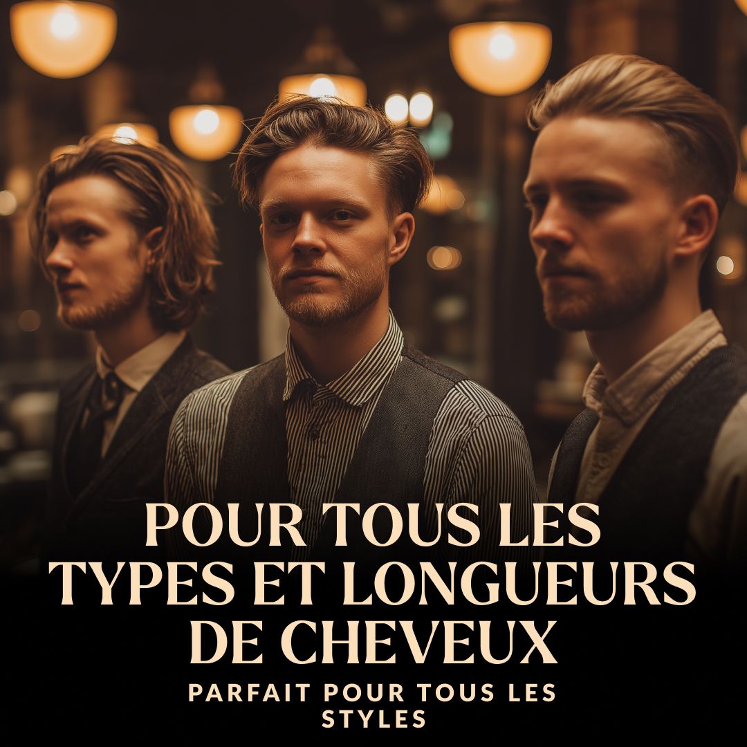Trois hommes aux coiffures variées dans un cadre élégant.