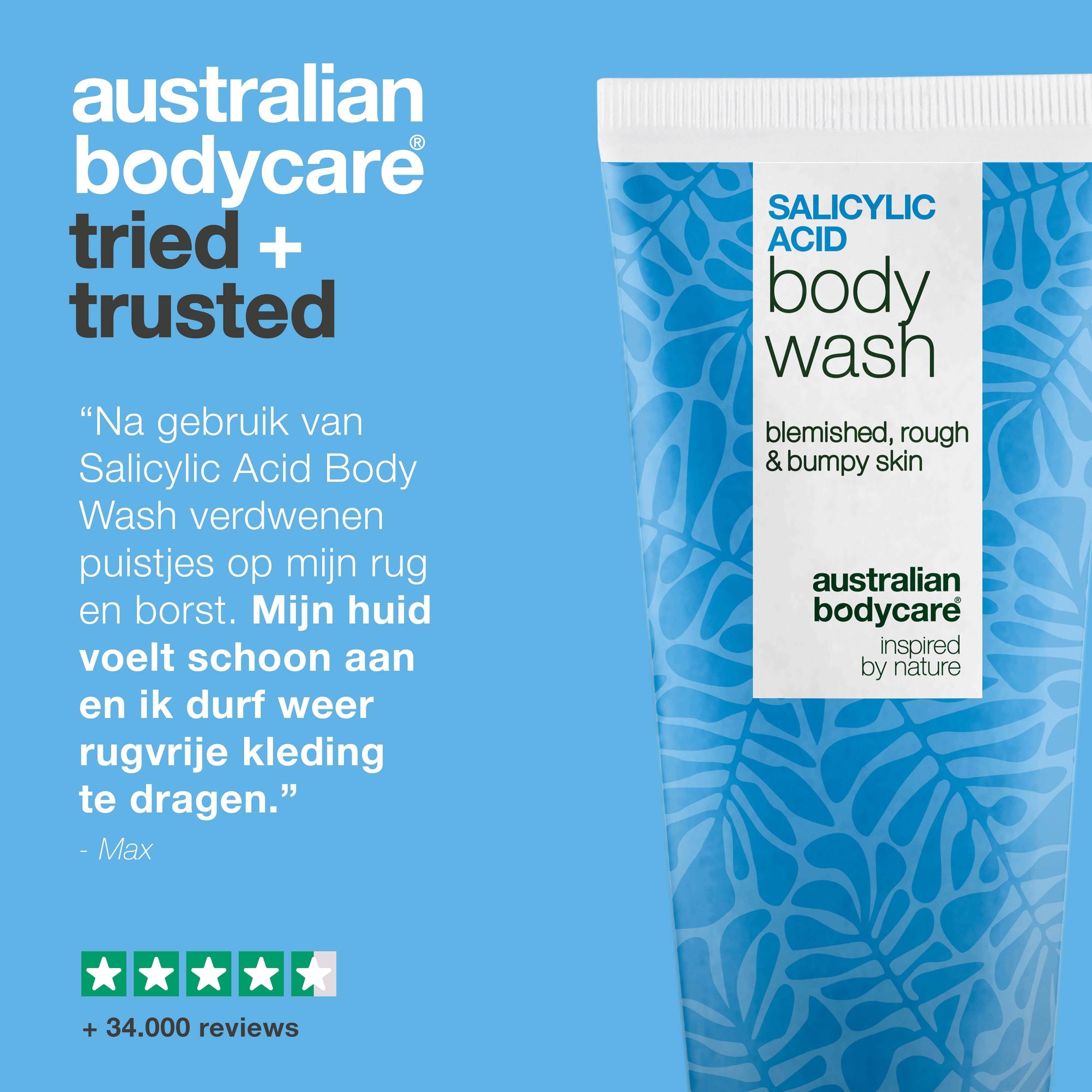 Tube Salicylic Acid Body Wash. Tekst: Ervaringsverhaal. 5 sterren beoordeling. Meer dan 34.000 beoordelingen. Blauwe achtergrond.