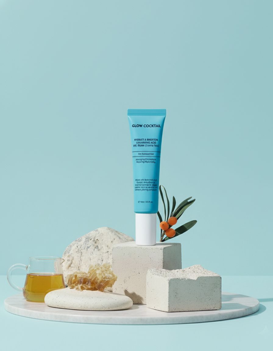 Turquoise tube op sokkel. Opschrift: Glow Cocktail, Hydrate & Brighten Hyaluronic Acid Eye Cream. Met decoratie.