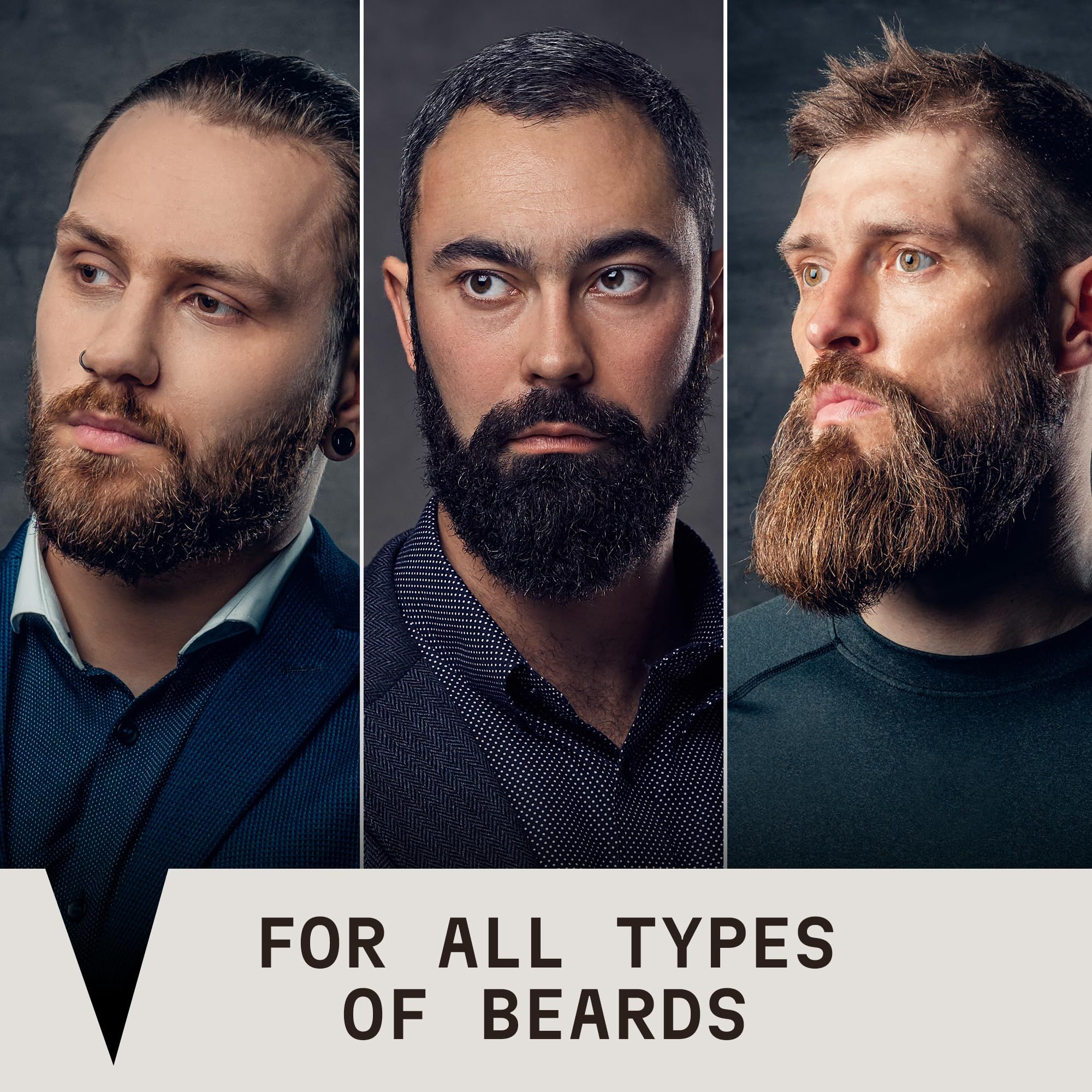 Collage de trois hommes aux styles de barbe variés, avec le texte 'FOR ALL TYPES OF BEARDS'.