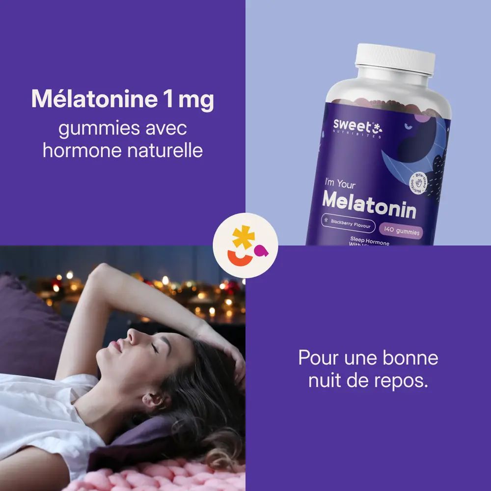 Flacon de gummies. Texte: Mélatonine 1 mg, gummies avec hormone naturelle, vitamine B6 ajoutée, système nerveux. Texte: Qualité supérieure.