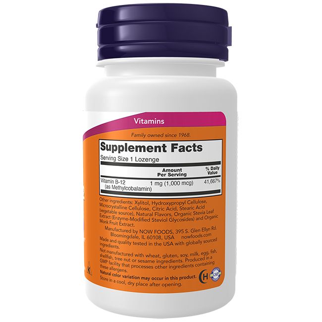 Witte fles met paarse dop. Oranje etiket met tekst: Supplement Facts, Vitamine B-12. Bevat 1 mg (1.000 mcg).