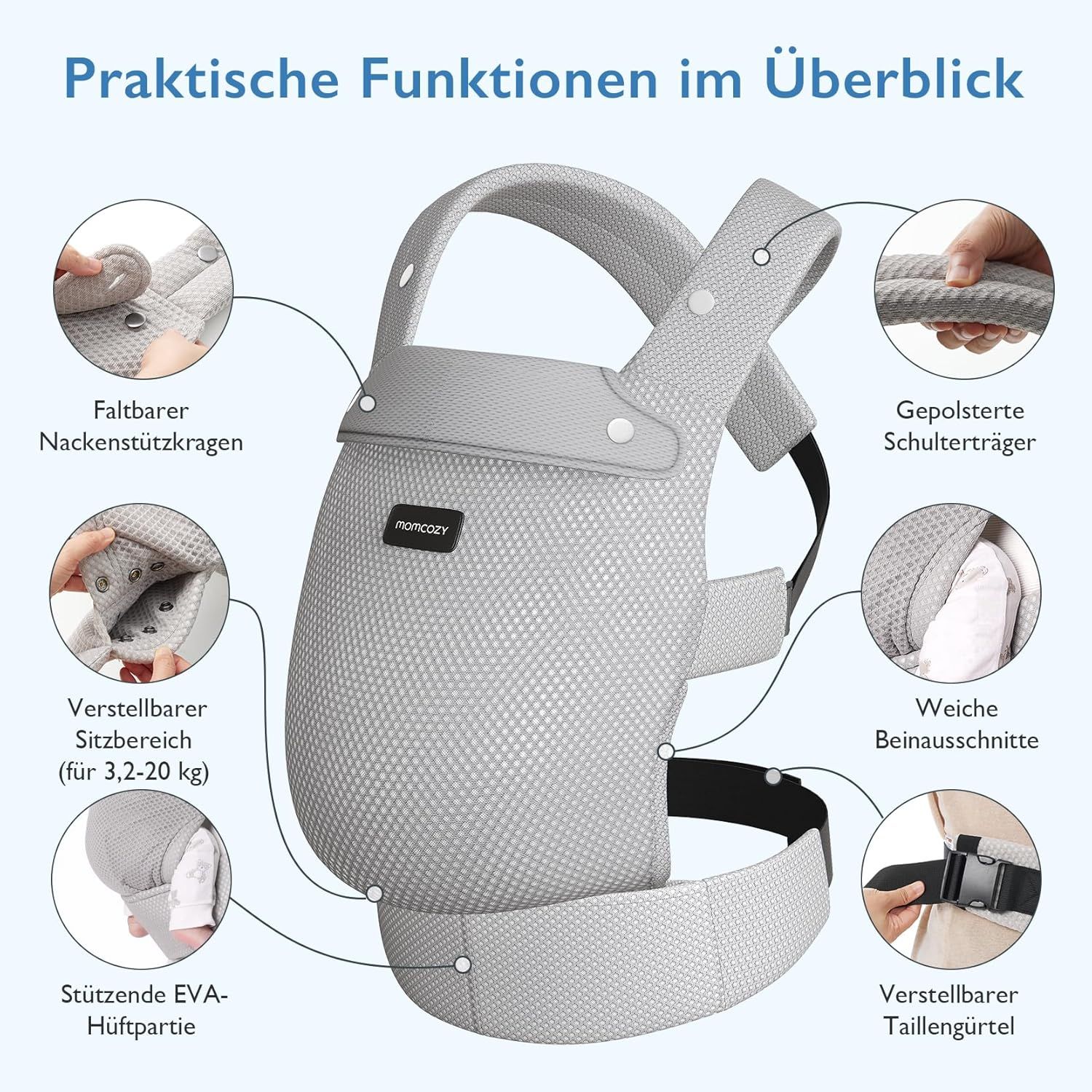 Grijze babydrager van Air Mesh stof, met gedetailleerde functiebeschrijvingen.