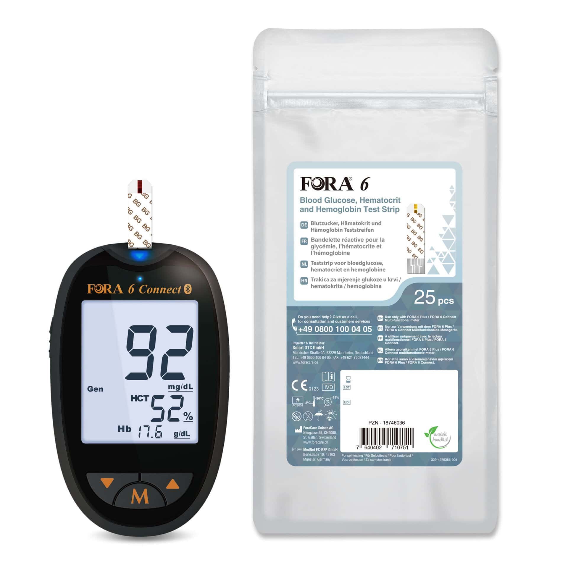 Glucosemeter met teststrips. Apparaat toont waarden. Verpakking met opschrift FORA 6.