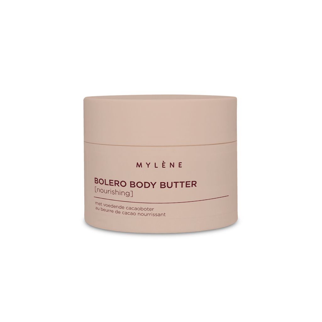 Beige pot. Opschrift: MYLÈNE, BOLERO BODY BUTTER [nourishing].