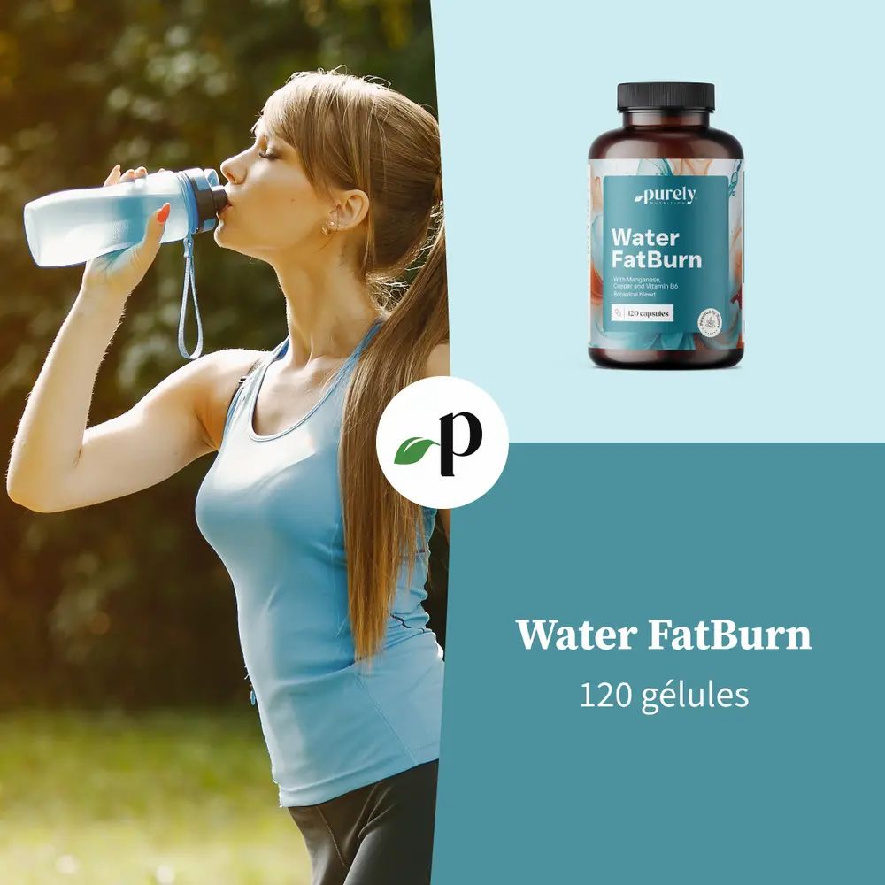 Flacon « Water FatBurn » et logo « Purely Nutrition ». Texte : 120 gélules. Fond avec feuilles.