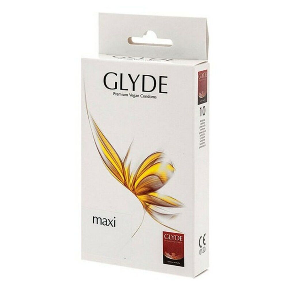 Verpakking Glyde Ultra Maxi condooms. Witte doos met logo, 10 stuks. Veganistisch. Bloemenontwerp.