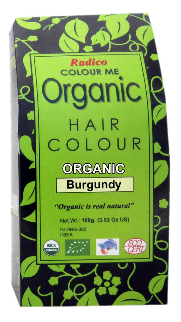 Boîte de coloration capillaire. Inscription : Radico Colour Me Organic Hair Colour, couleur Bourgogne. Avec labels bio.