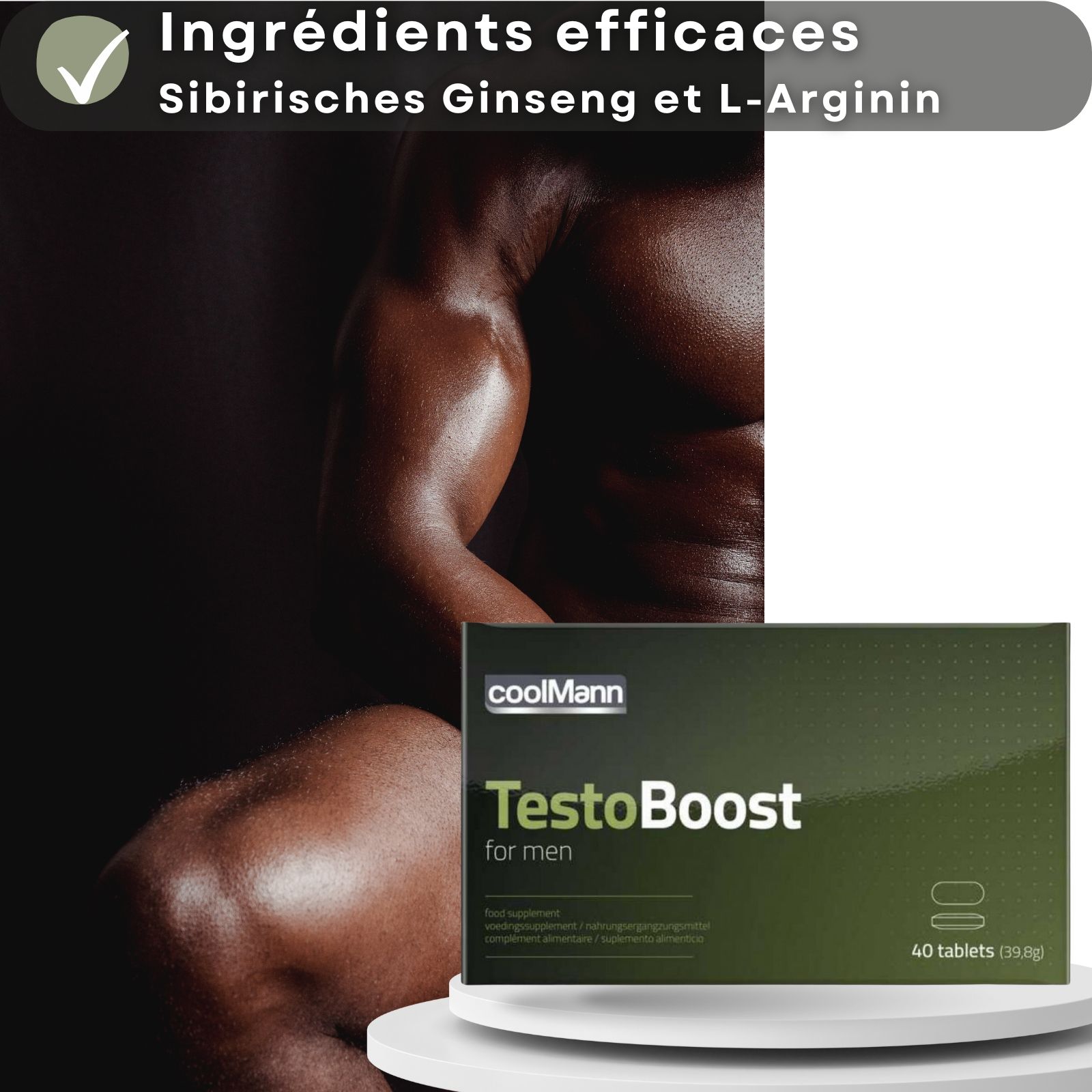 Graphique avec emballage Coolmann TestoBoost. Contient des informations sur les ingrédients et l'utilisation.