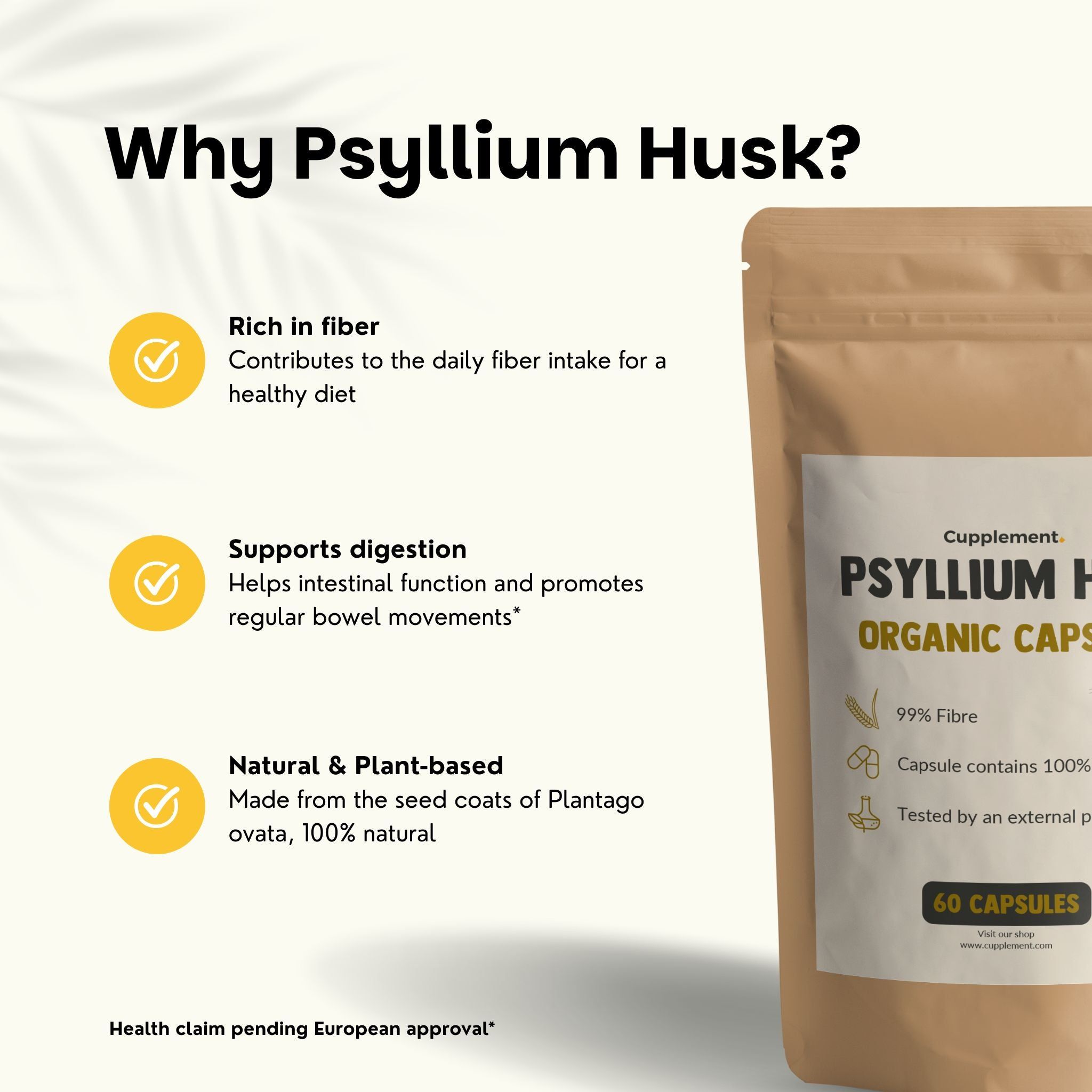Sachet de gélules de Psyllium Husk. Texte: Organic Capsules, 60 gélules, 99% de fibres.