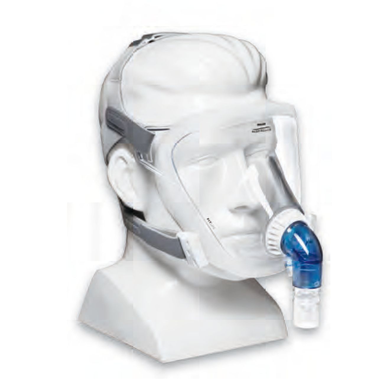 Masque complet blanc avec harnais gris et connecteur de tube bleu, sur un mannequin blanc.