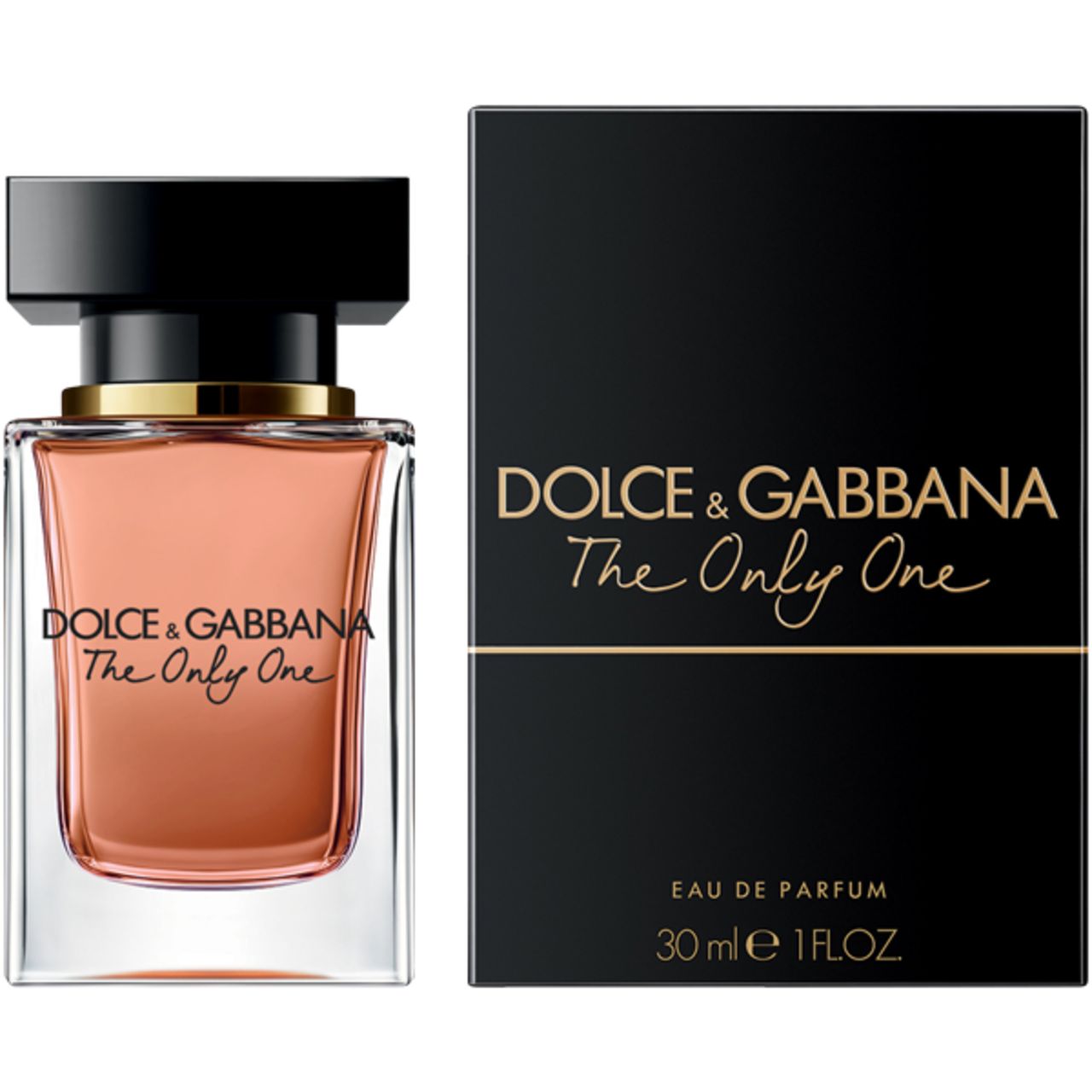 Flacon et emballage Dolce & Gabbana The Only One. Bouchon noir, col doré, liquide rosé. Boîte noire.
