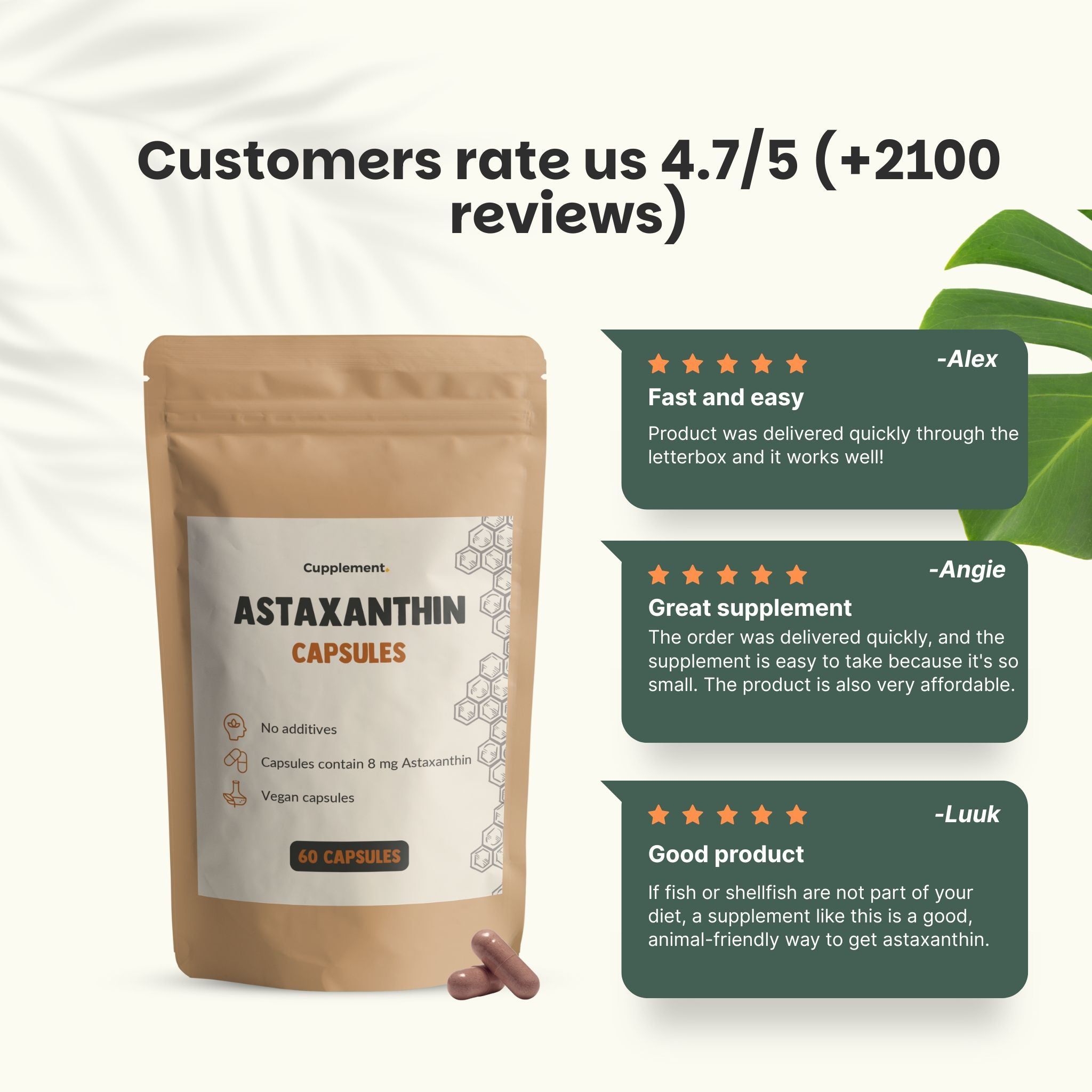 Sachet marron avec gélules d'astaxanthine. Texte : « Gélules d'astaxanthine ». 60 gélules. Évaluation client 4,7/5.