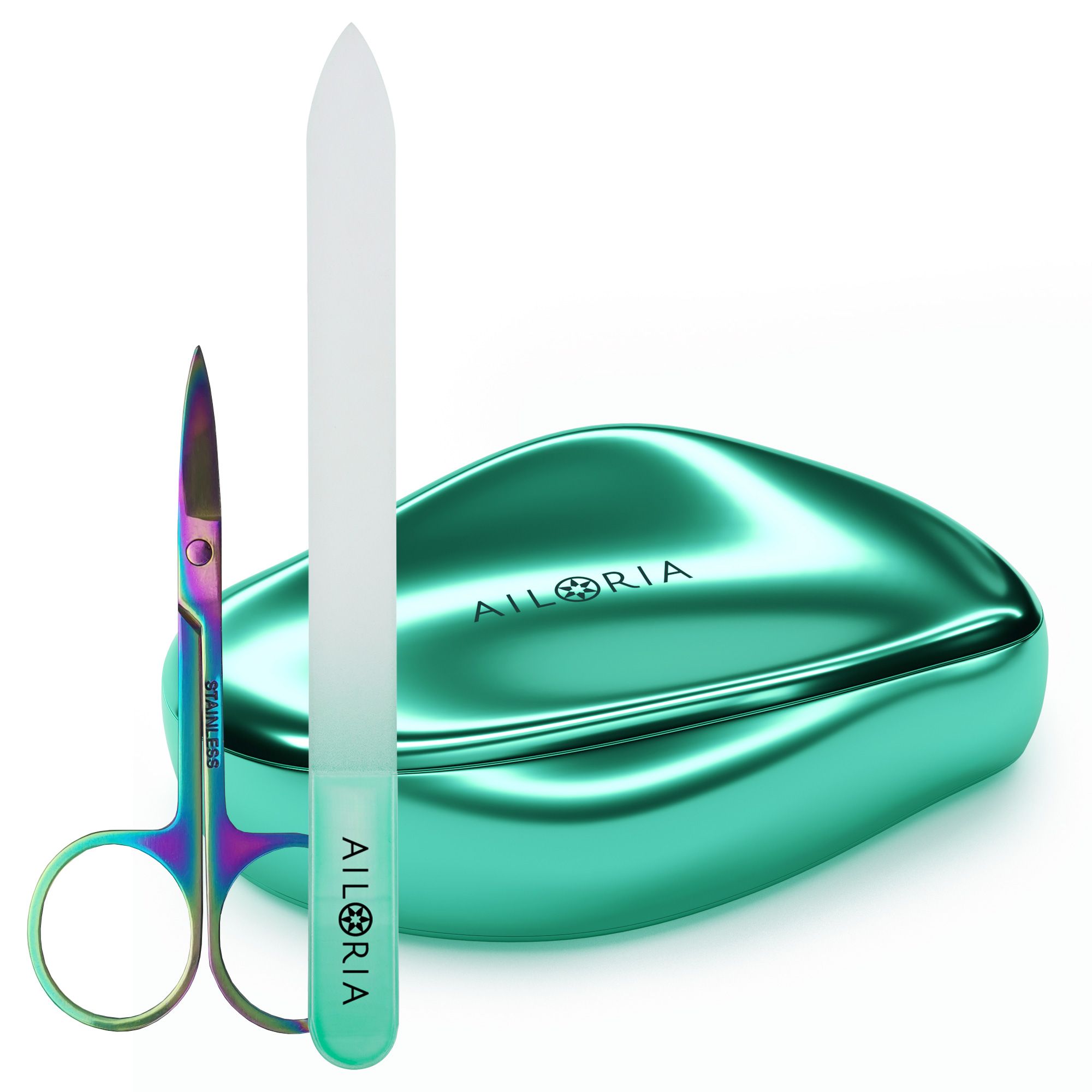 Ensemble avec lime à pieds, ciseaux et étui. Ciseaux finition arc-en-ciel. Lime et étui turquoise. Logo AILORIA sur l'étui et la lime.