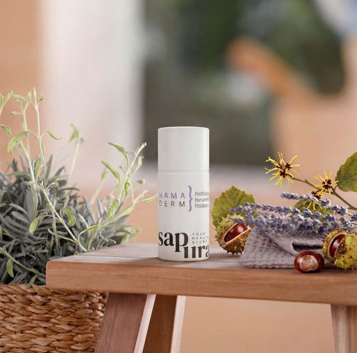 Witte fles met pompdos op een houten plank met planten en kastanjes.