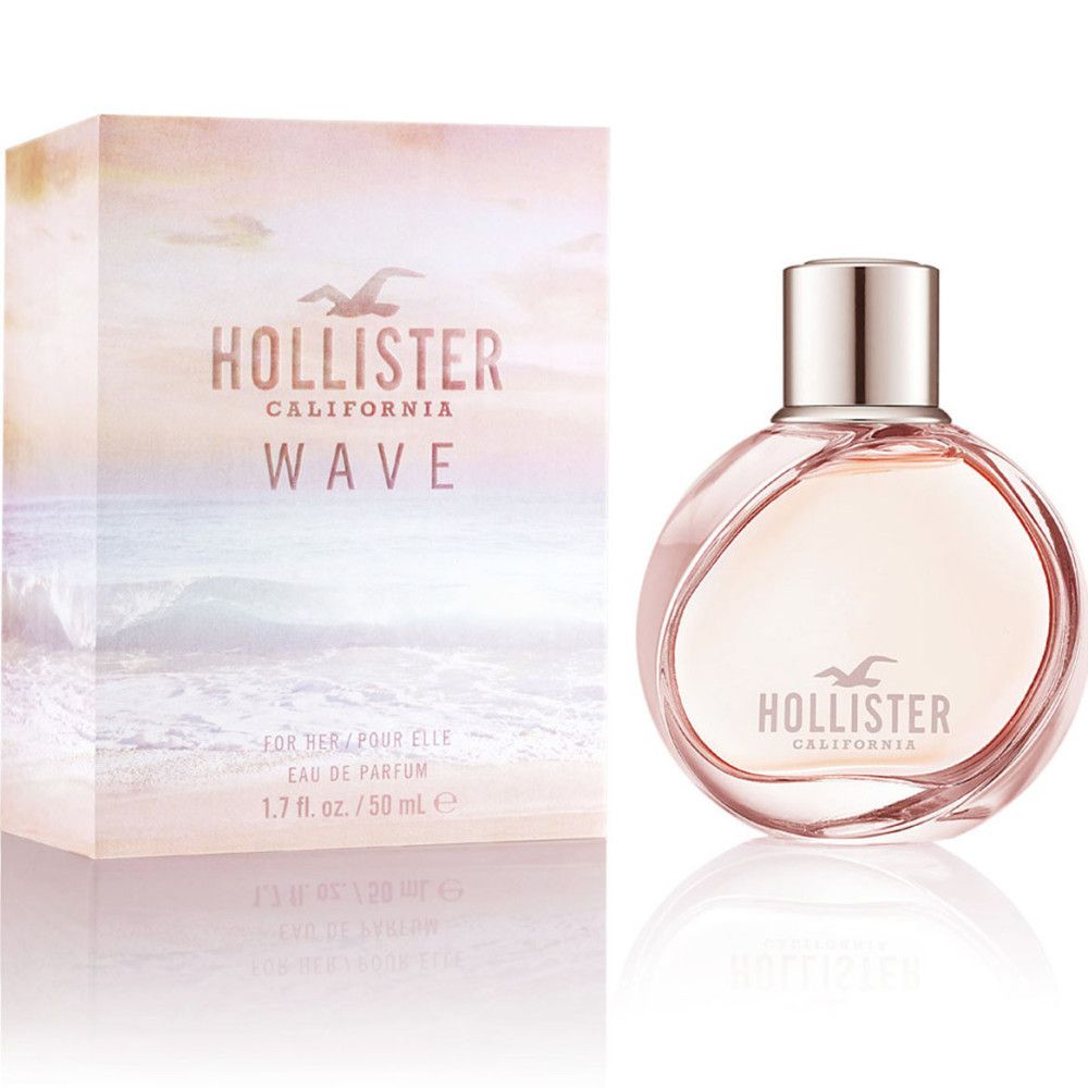Ronde roze flacon en bijpassende doos. Opschrift: Hollister California Wave. Eau de parfum spray.