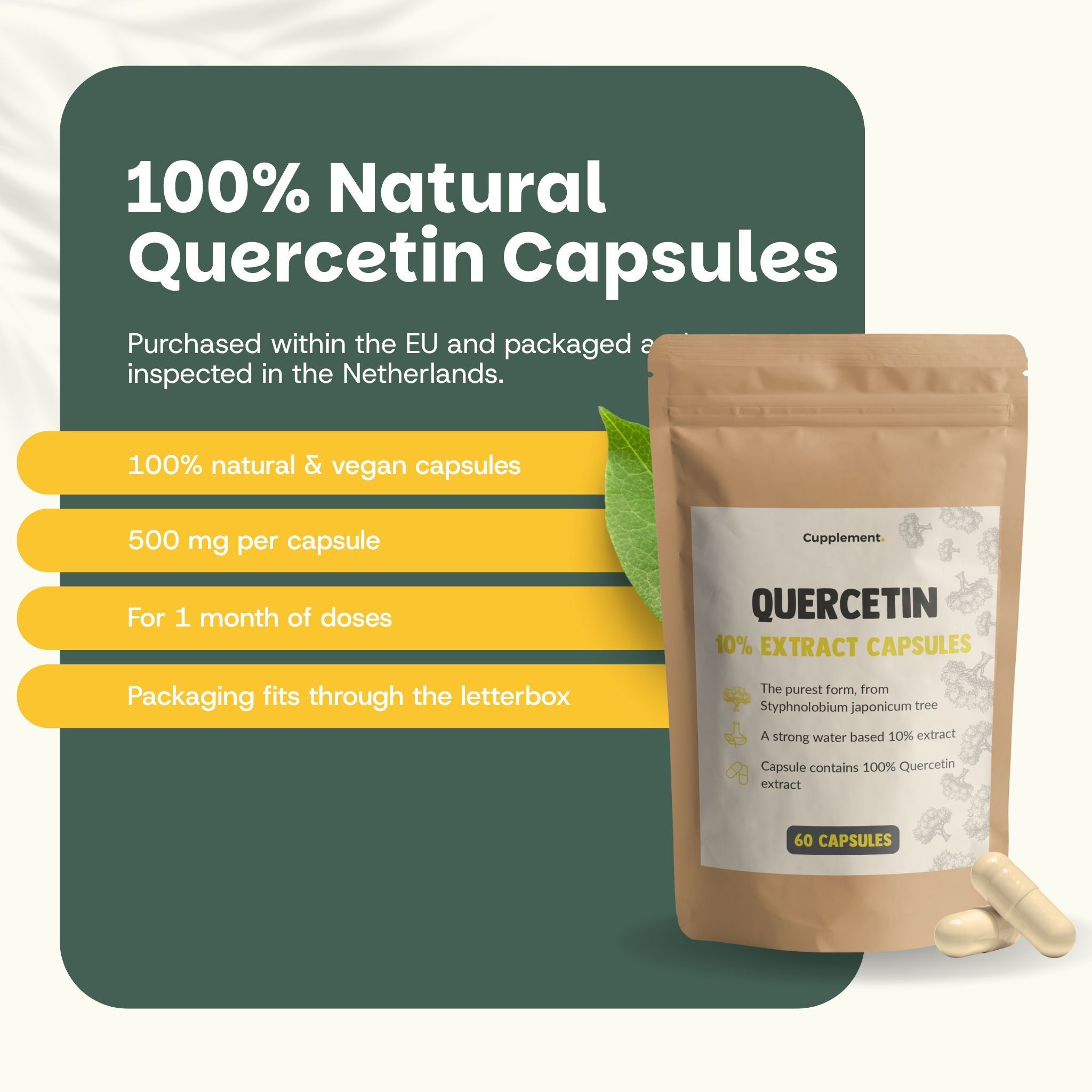 Sachet de gélules de quercétine. Texte: Quercetin 10% Extract Capsules, 60 gélules. Deux gélules.