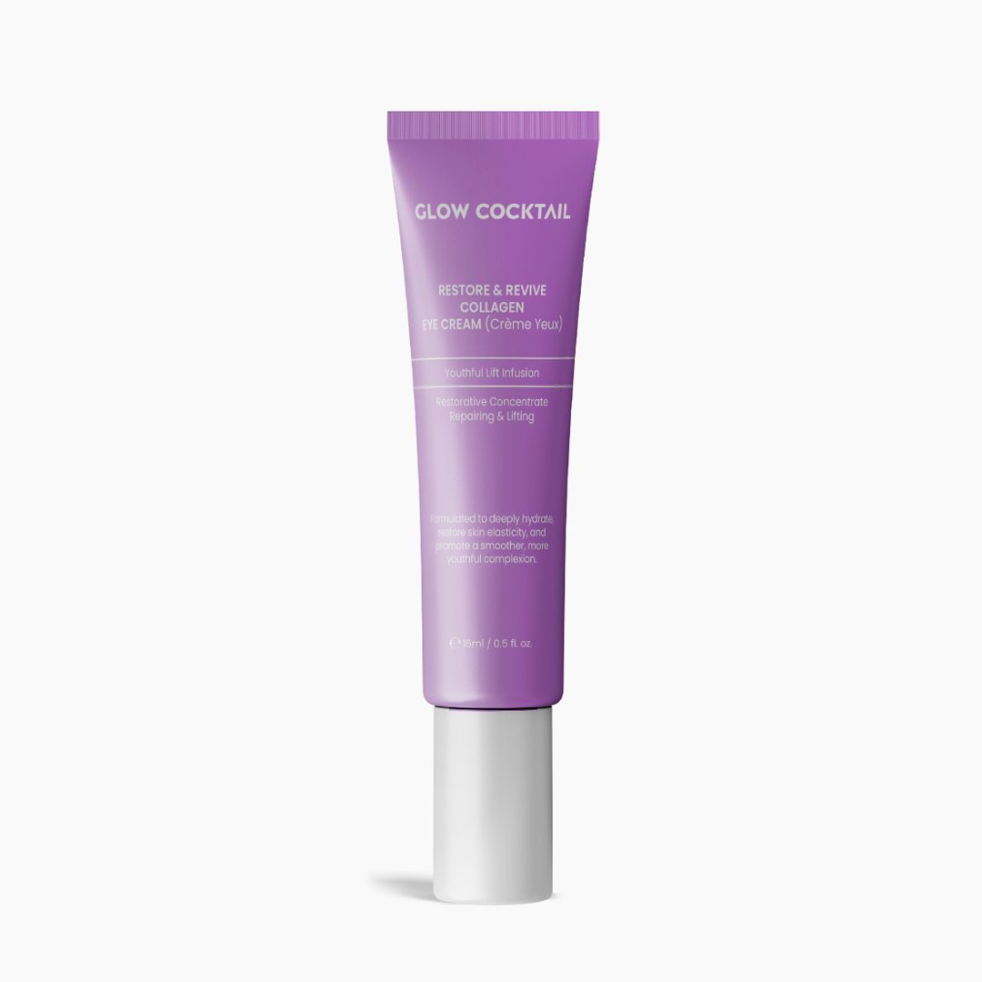 Tube violette avec bouchon blanc. Texte: Glow Cocktail, Restore & Revive Collagen Eye Cream. Autres lignes de texte.