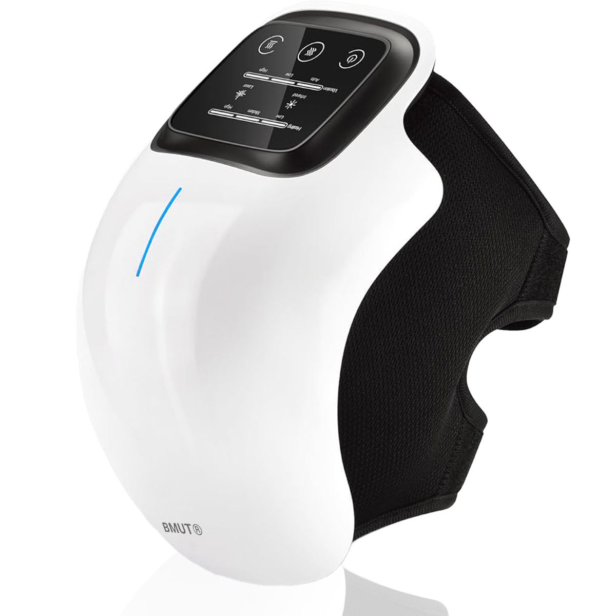 Wit, ergonomisch kniemassageapparaat met zwarte textielband. Bovenpaneel met knoppen en display. BMUT-logo.