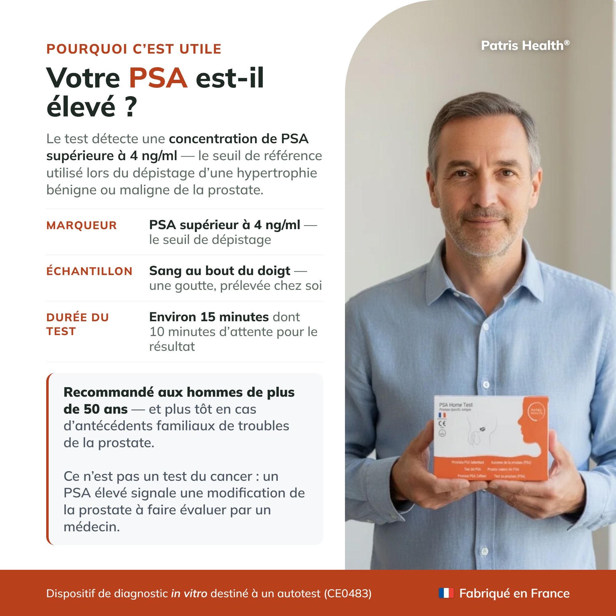 Faits importants sur l'autotest PSA : Spécifique, Précision 87%, Fiable, Rapide, Certifié.