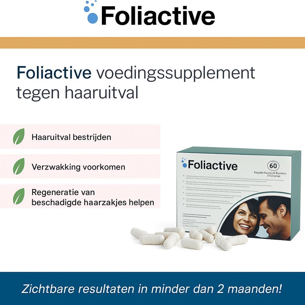 Reclame met "Foliactive"-logo en verpakking. Witte capsules ernaast. Tekst: Voedingssupplement tegen haaruitval.