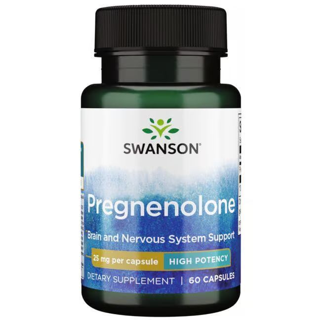 Flacon vert avec bouchon noir. Inscription: SWANSON Pregnenolone, 25 mg par capsule, 60 capsules.