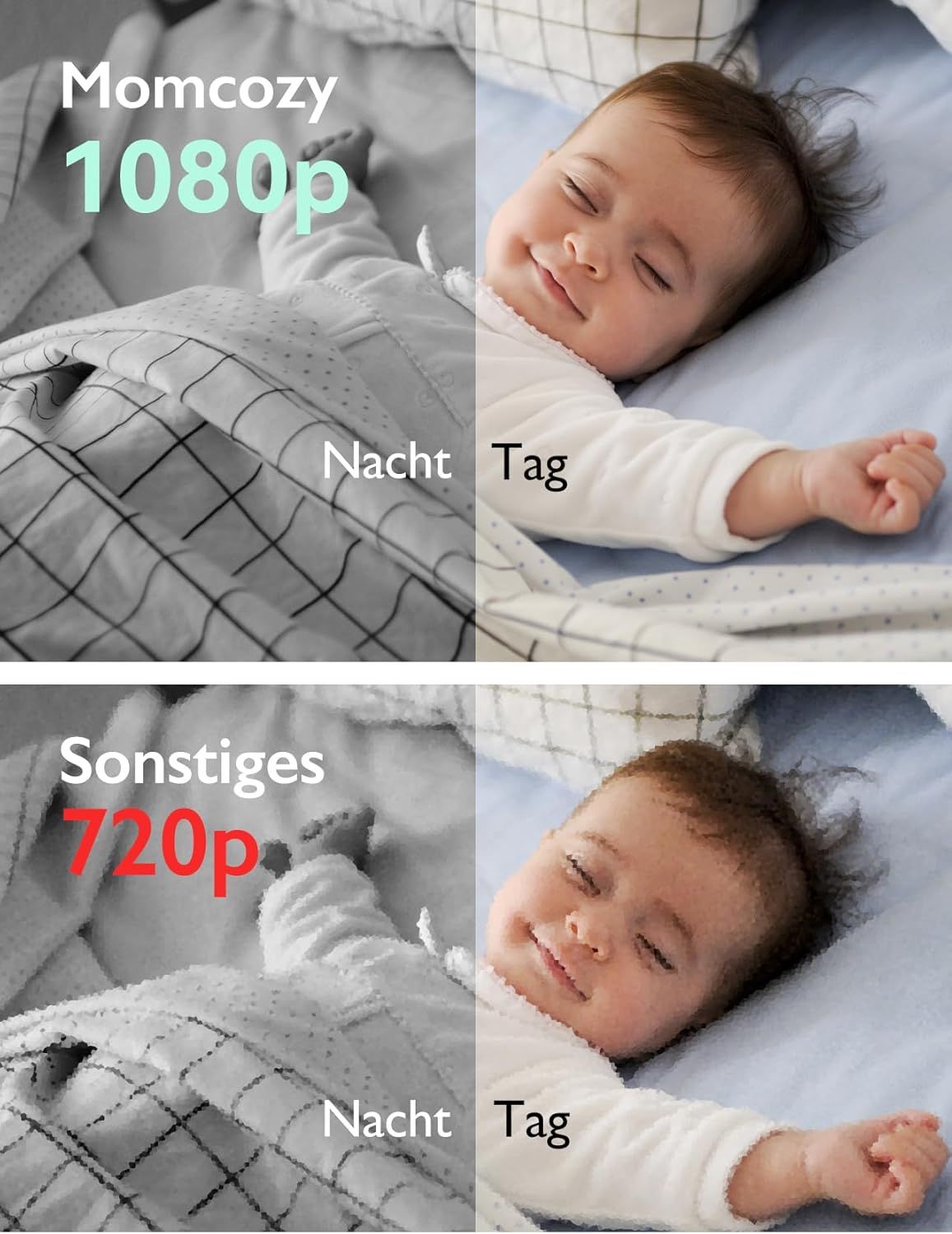 Comparaison vision nocturne (gauche) et lumière du jour (droite) en 1080p et 720p.