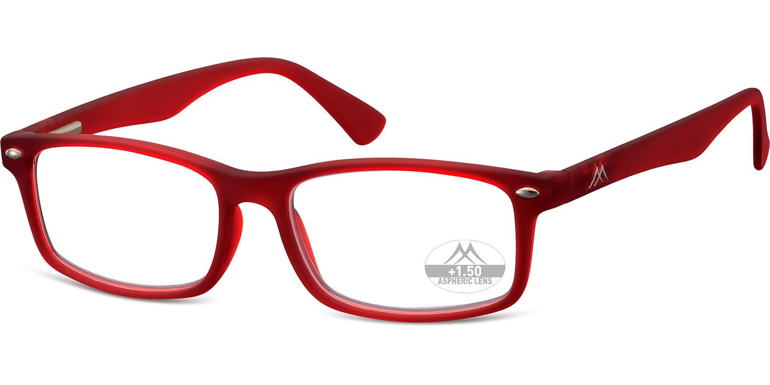 Lunettes rouges avec verres rectangulaires. Logo Montana Eyewear et indication +1.50 dioptries.