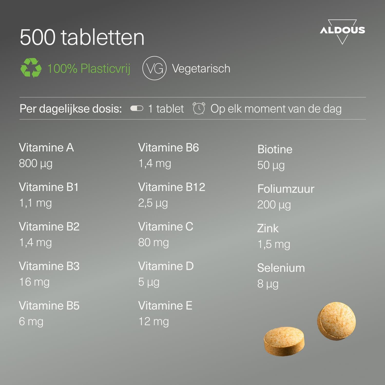500 tabletten, 100% plasticvrij, vegetarisch. Bevat vitamine A, B1, B2, B3, B5, B6, B12, C, D, E, biotine, foliumzuur, zink, selenium. Twee tabletten zichtbaar.