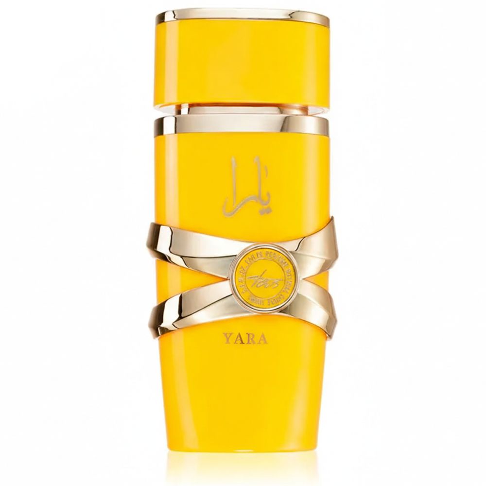 Gele flacon met gouden details. Opschrift "Yara".
