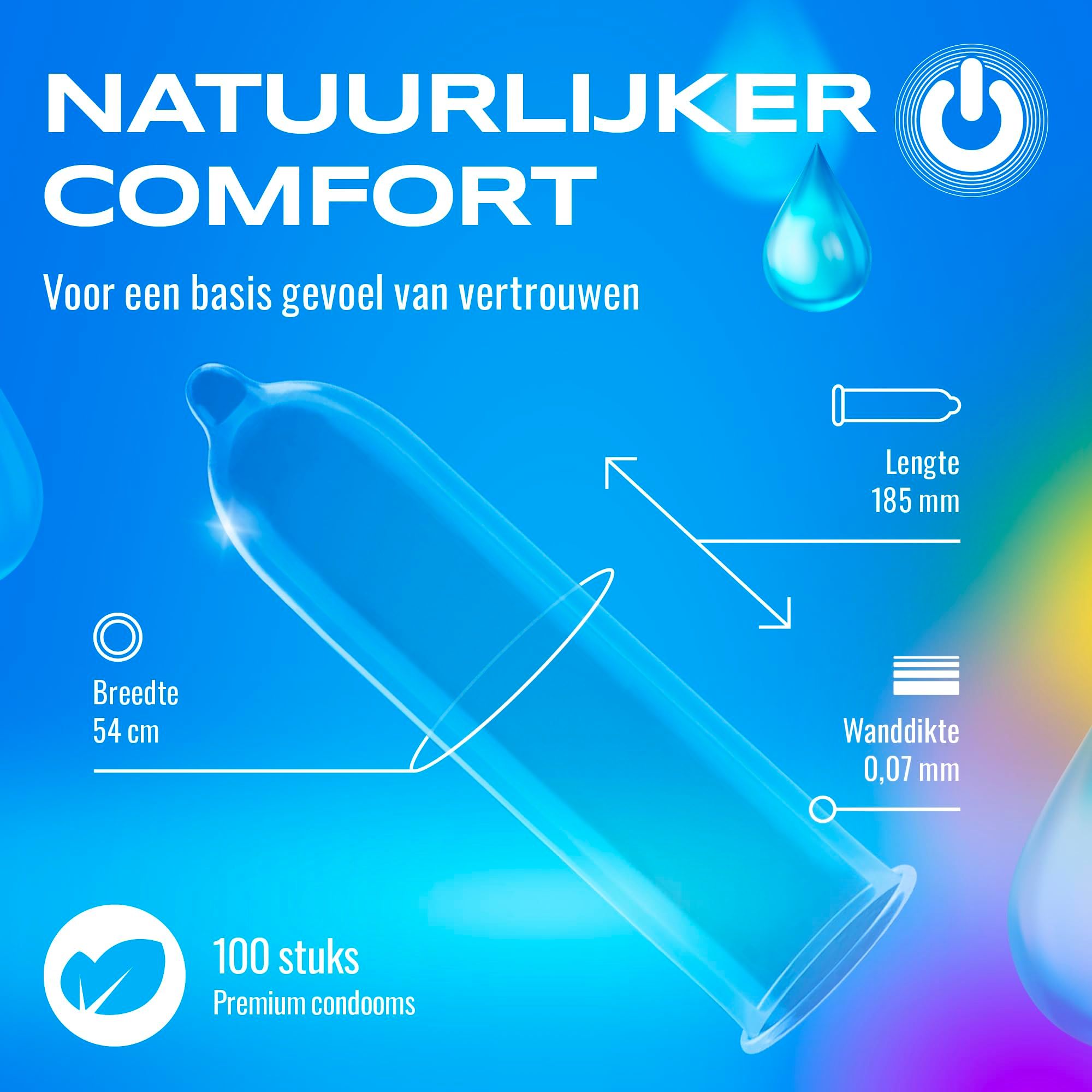 Productafbeelding: 100 condooms, individueel verpakt, blauw met wit logo.