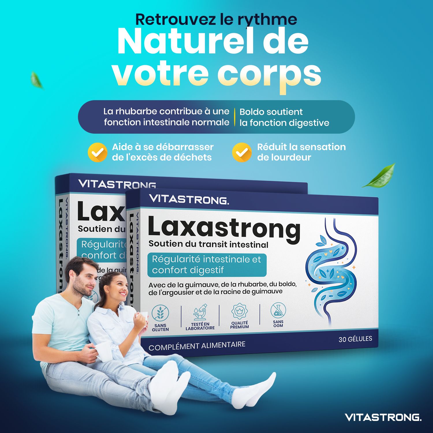 Vitastrong Laxastrong. Illustratie van plantenextracten: rabarber, duindoorn, heemstwortel en boldo. Tekst in het Nederlands.