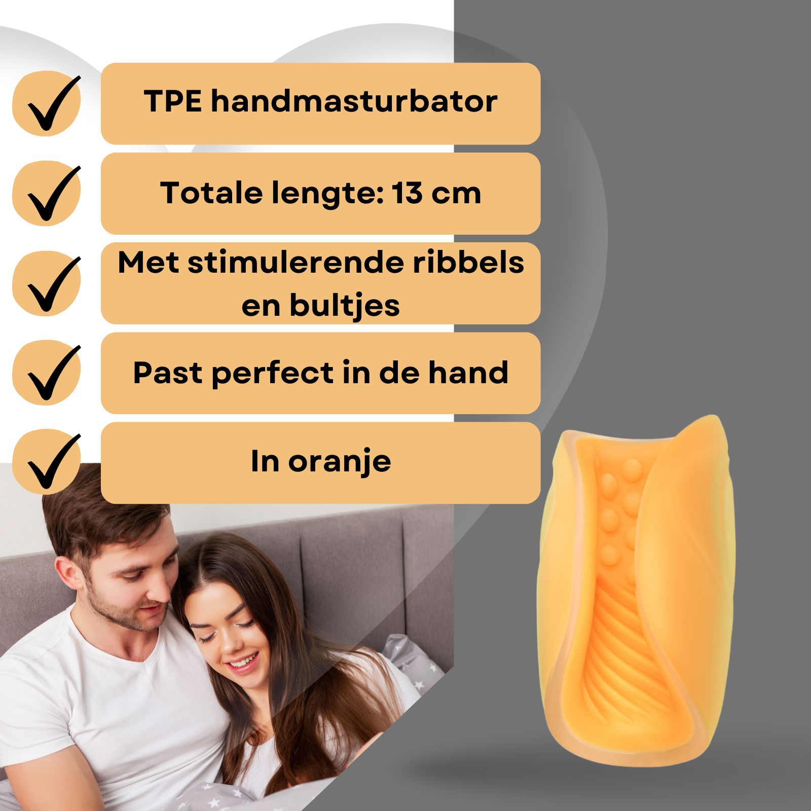 TPE handmasturbator, oranje. Koppel op de achtergrond. Met ribbels.