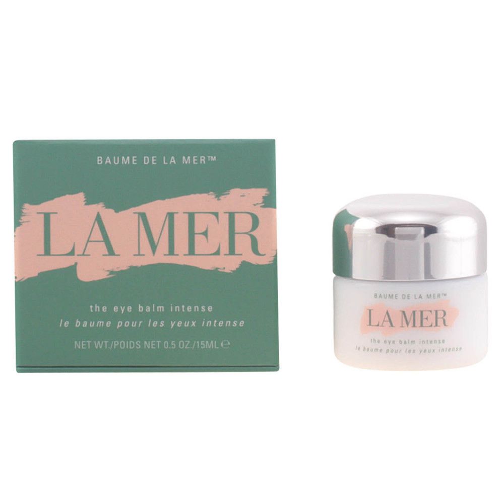 Boîte et pot verts. Sur la boîte, "LA MER" et "the eye balm intense". Le pot a un couvercle argenté.