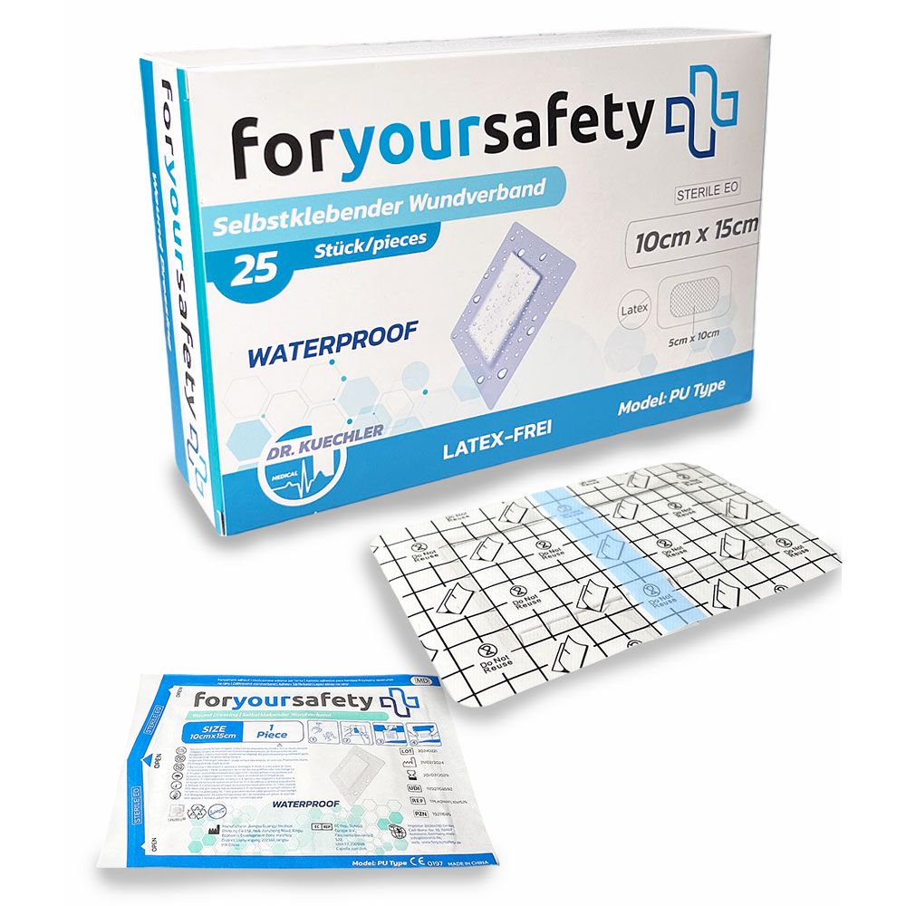 Emballage et pansements individuels. Inscription : foryoursafety, 10x15cm, sans latex. Marque : Dr. Kuechler. Emballage individuel.