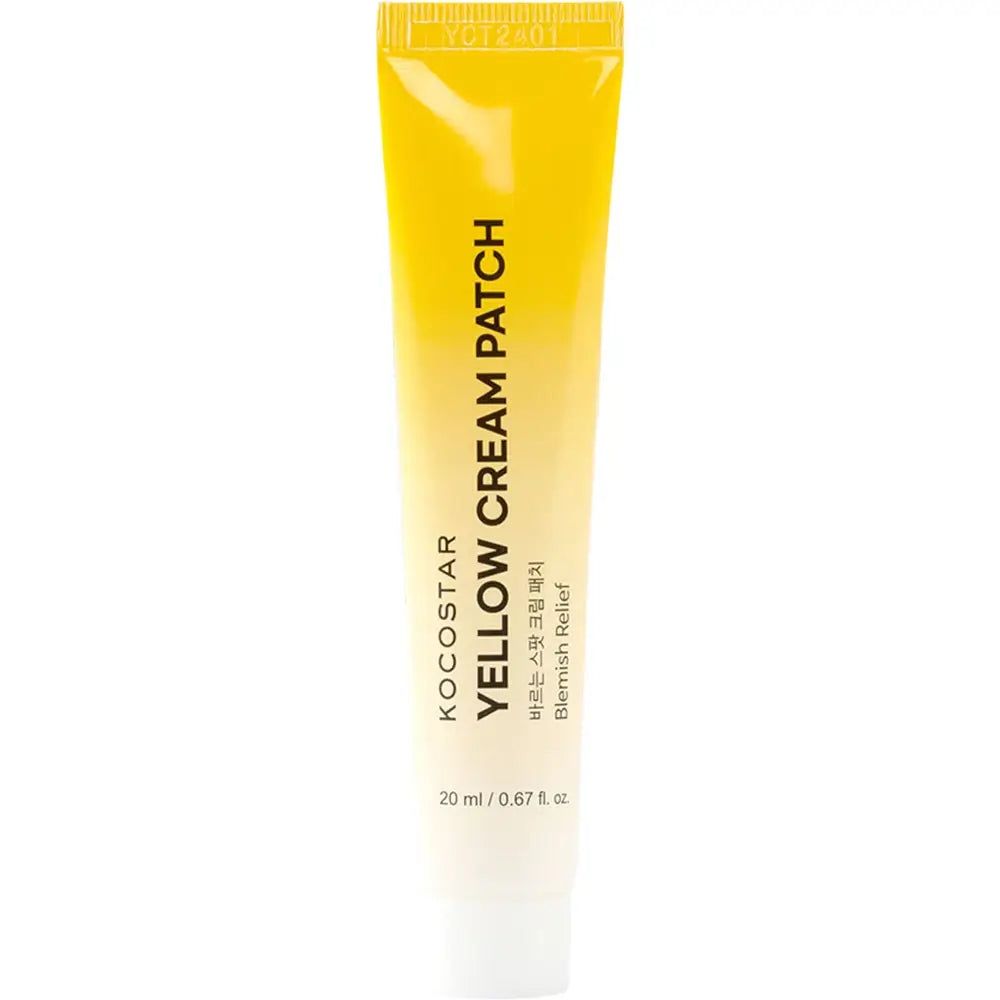 Tube jaune KOCOSTAR Yellow Cream Patch. Texte: Blemish Relief, 20 ml / 0.67 fl. oz. Sur fond blanc.
