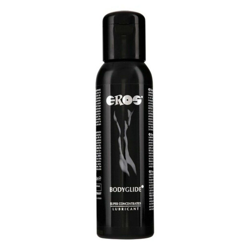 Zwarte fles met klapdeksel. Opschrift EROS, BODYGLIDE en SUPER CONCENTRATED LUBRICANT. Afbeelding van een vrouw.