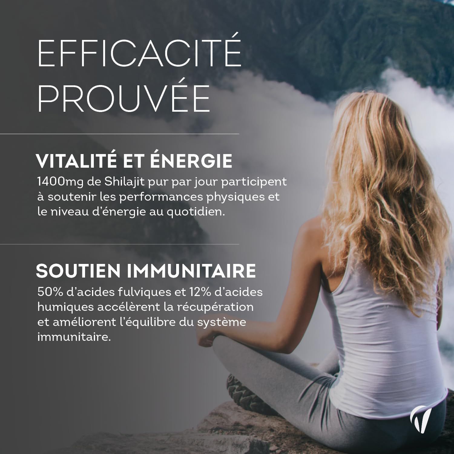 Gélules Vitavea Shilajit : Efficacité prouvée pour la vitalité, l'énergie et le soutien immunitaire. Femme méditant.