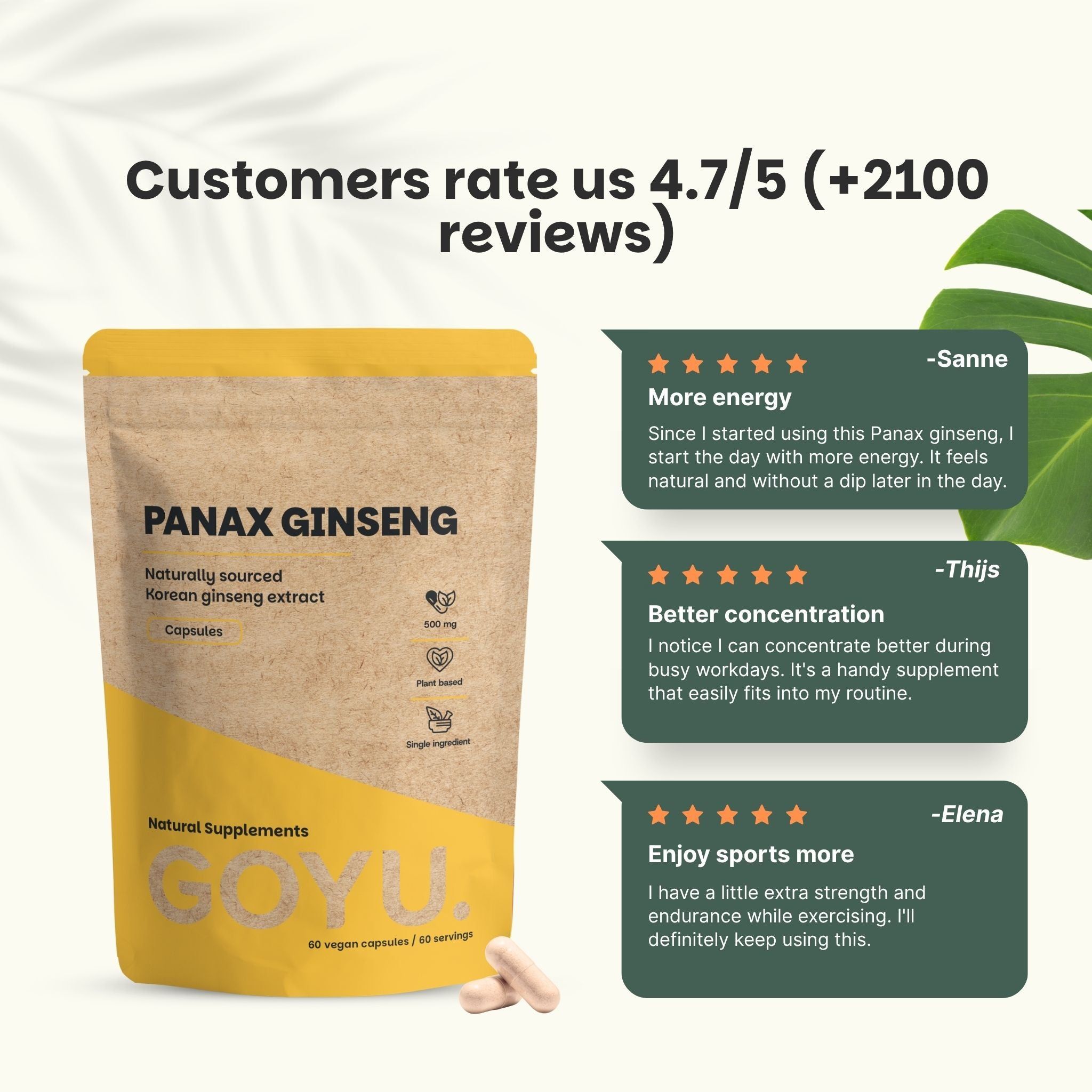 Avis clients pour capsules de Panax Ginseng : Plus d'énergie, meilleure concentration, plus de plaisir sportif.