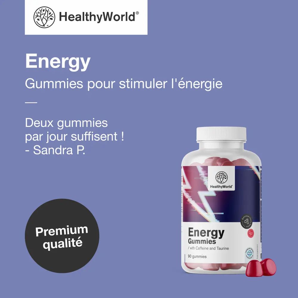 Bouteille de 90 gommes énergétiques, rouges, avec caféine et taurine. Sceau "Meilleure Qualité".