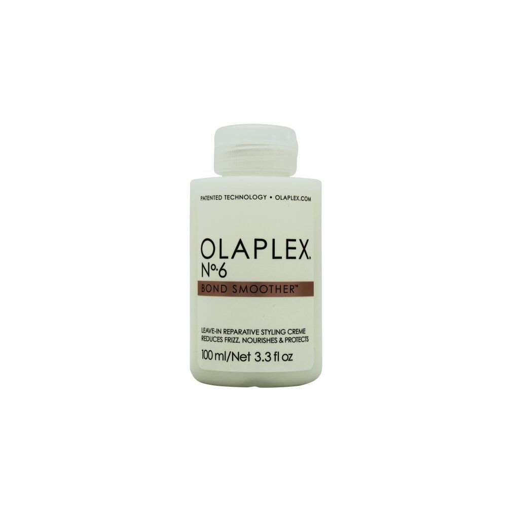 Flacon blanc Olaplex No.6 Bond Smoother. Bande marron avec texte. 100 ml/3.3 fl. oz. Bouchon blanc.