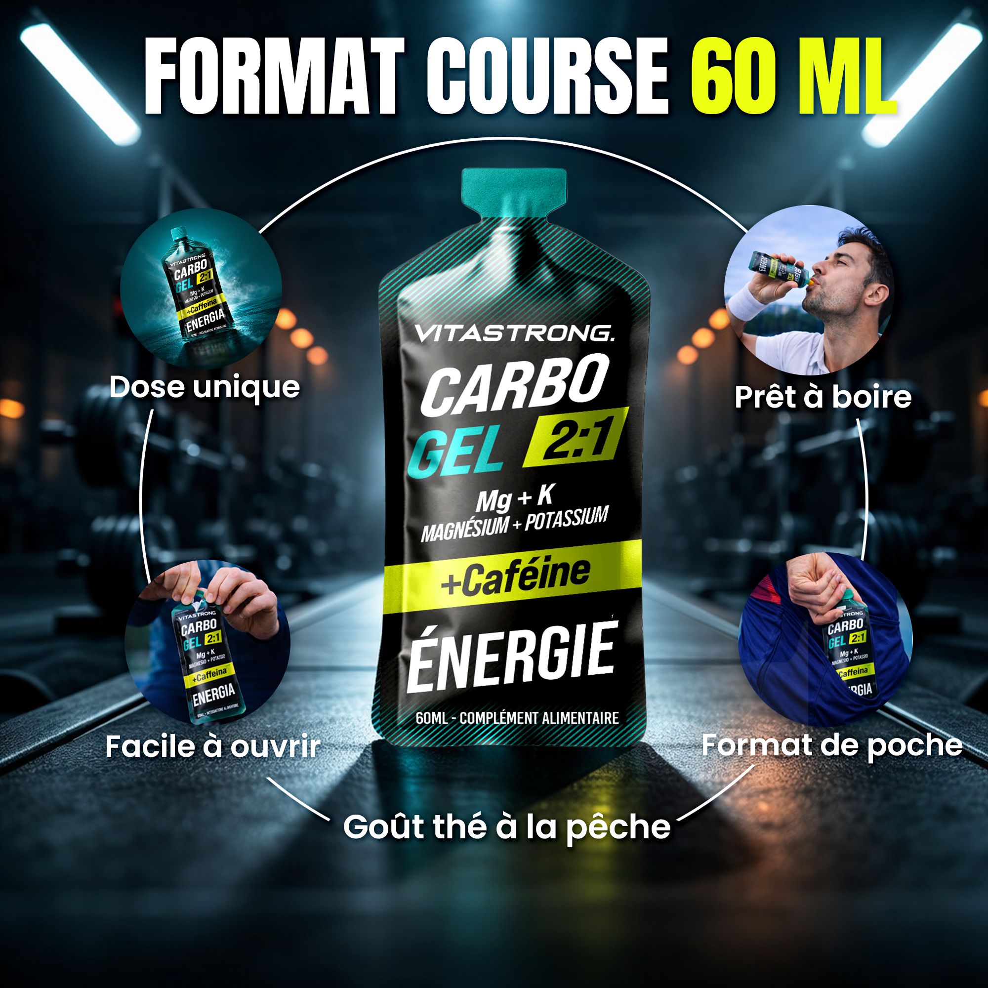 Vitastrong Carbo Gel 2:1 + Koffein. Sachet de gel. Texte: Carbo Gel 2:1, Mg + K, Magnésium + Potassium + Caféine, Énergie. Exemples d'utilisation.