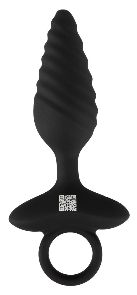 Bouchon anal noir en spirale avec anneau et code QR sur la base.