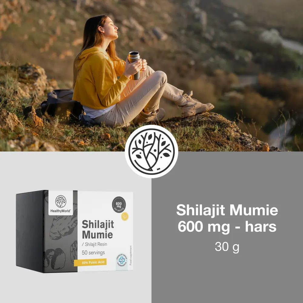 Vrouw buiten, houdt een thermoskan vast. Verpakking met logo en productinformatie.